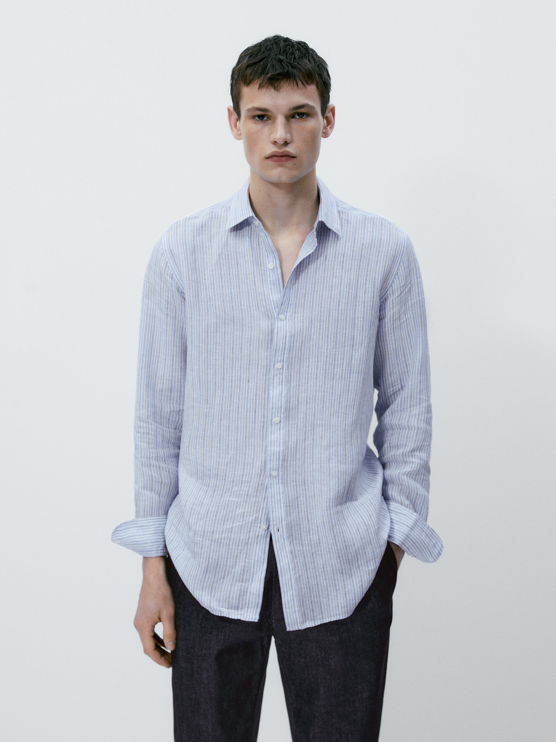 Camisa rayas 100% linho slim fit - AZUL CLARO