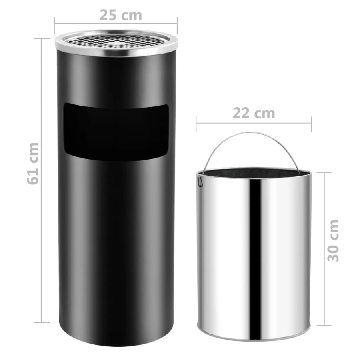 vidaXL Poubelle cendrier - 30L - Noir