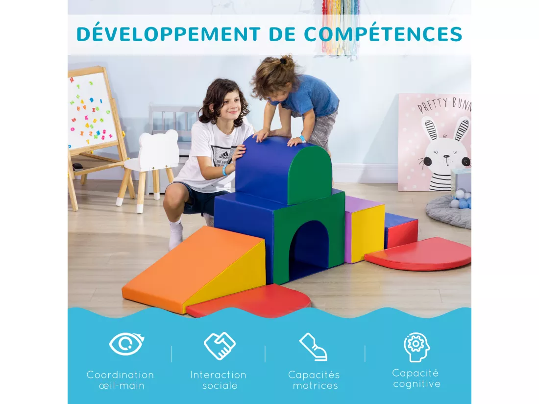 7 blocs de construction en mousse XXL - modules de motricité - jouets éducatifs - certifiés normes EN71-1-2-3 - mousse EPE revêtement PU multicolore