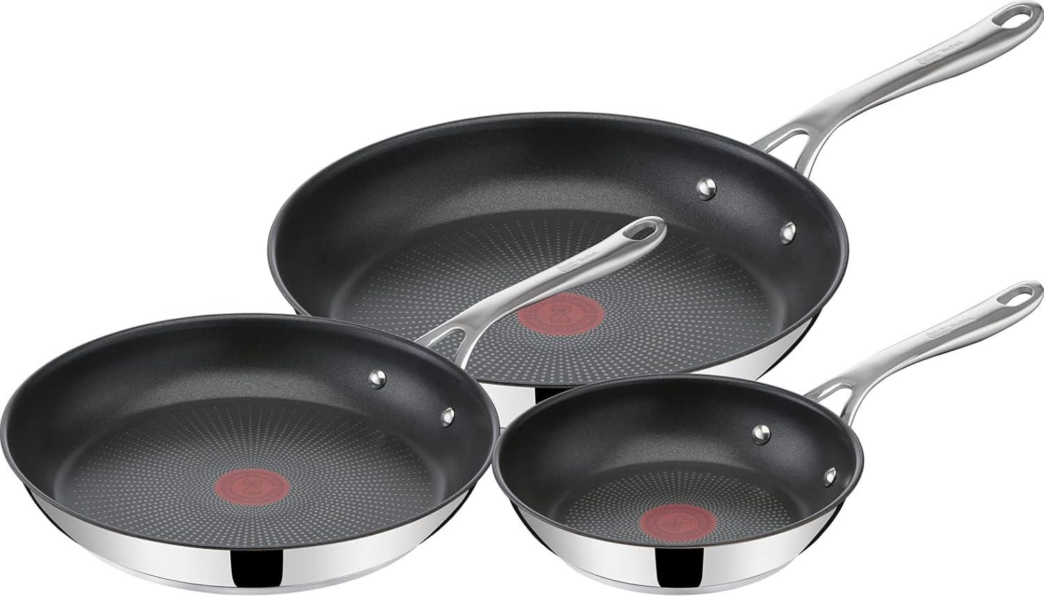 Tefal Jamie Oliver Cook's Direct On Pfannenset 20/24/28 cm, Thermo-Signal bei idealer Brattemperatur, Antihaft, Bratpfannen Induktion, rostfrei, backofenfest, genieteter Griff, E304S344