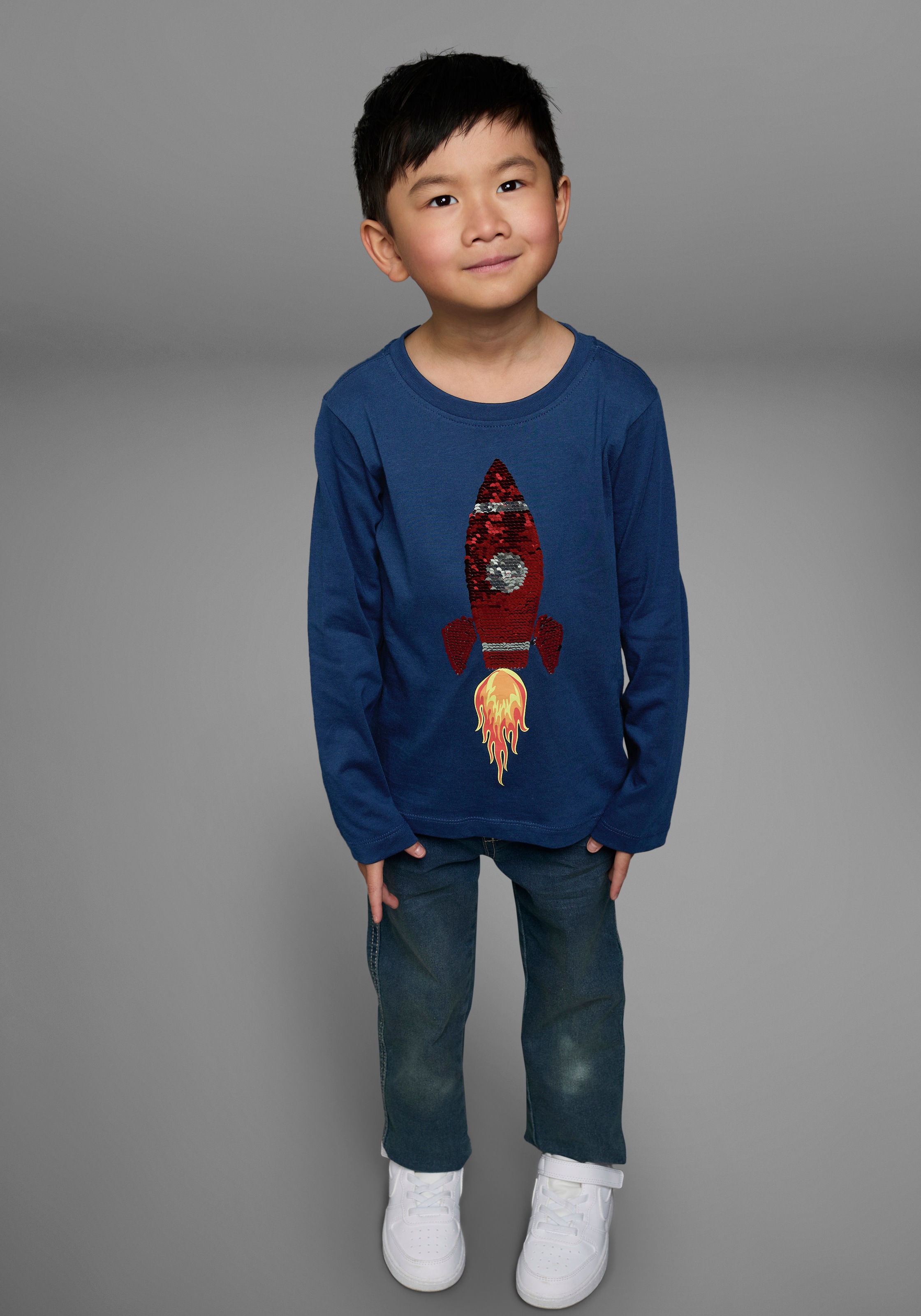KIDSWORLD Langarmshirt »Rakete aus Wendepailletten«, langärmelige,  Basic-Passform,  aus Jerseystoff,  aus  Baumwolle