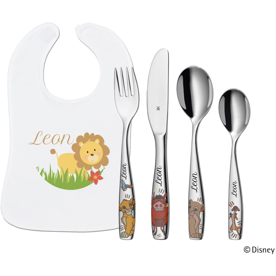 Schnullireich Geschenkset mit Namen WMF Kinderbesteck König der Löwen + Lätzchen Kleiner Löwe Silber