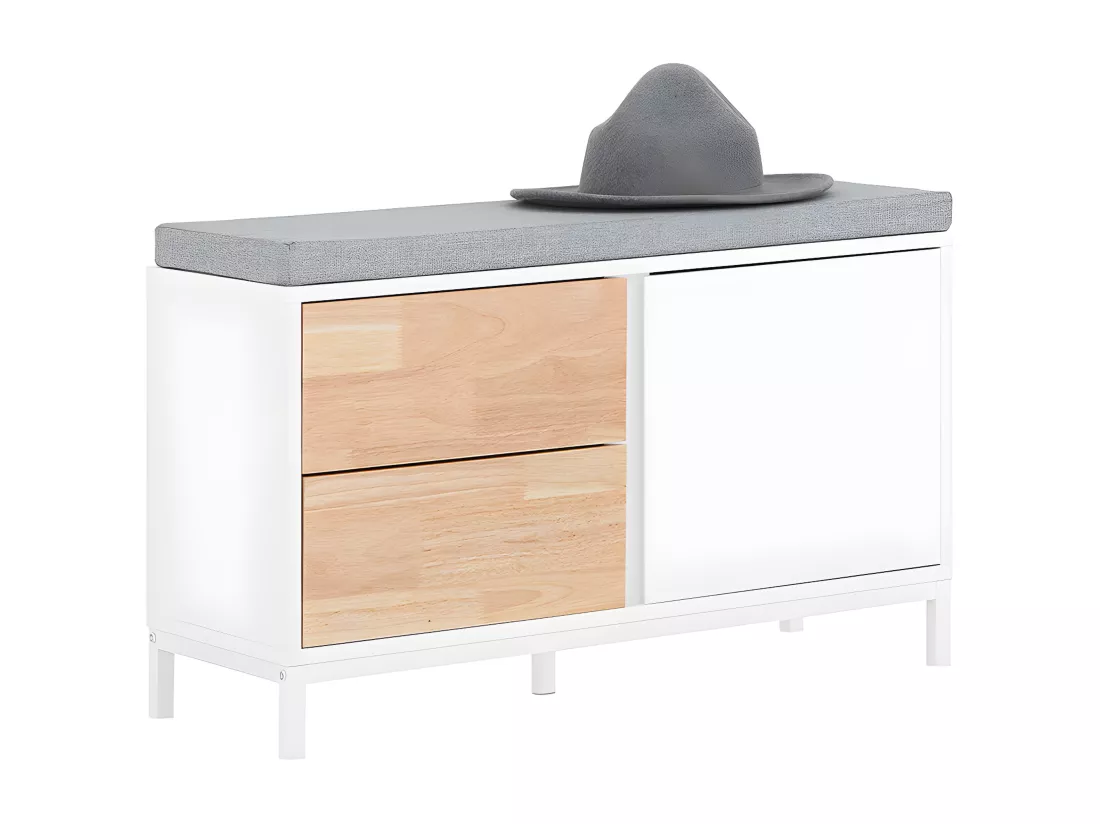 SoBuy Banc à Chaussures, Banc de Rangement avec Coussin rembourré, Meuble Bas Entrée sur Pieds avec 1 Porte et 2 Tiroirs, 80 x 30 x 51 cm, FSR167-WN