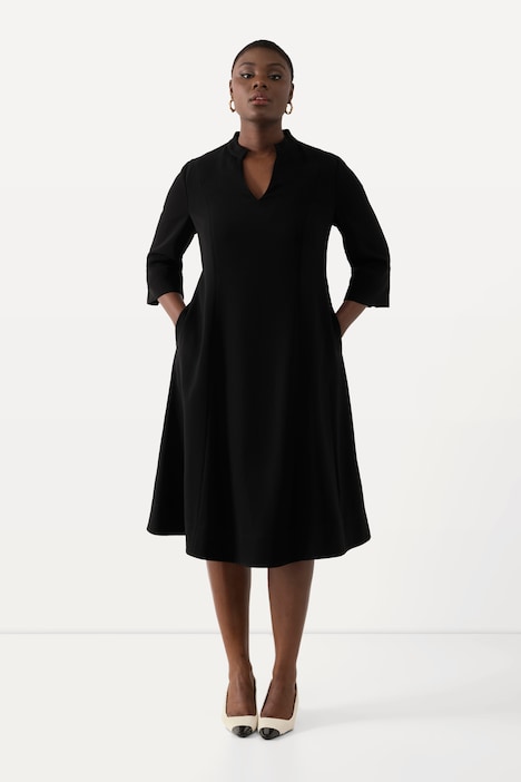 Midikleid, Stehkragen, V-Ausschnitt, 3/4-Arm, Taschen
