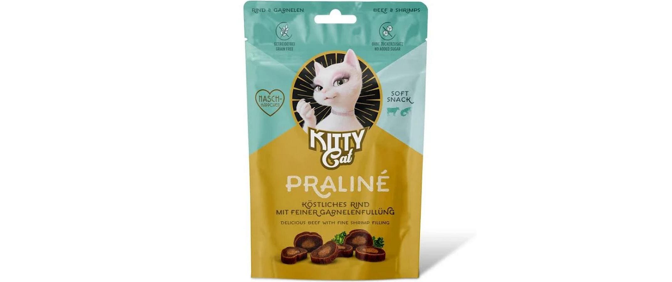 Katzen-Snack Praliné Rind, Garnelle 50 gWeiche, getreidefreie Katzensnacks mit hohem Fleischanteil und Taurin, Rindfleisch- und Garnelengeschmack