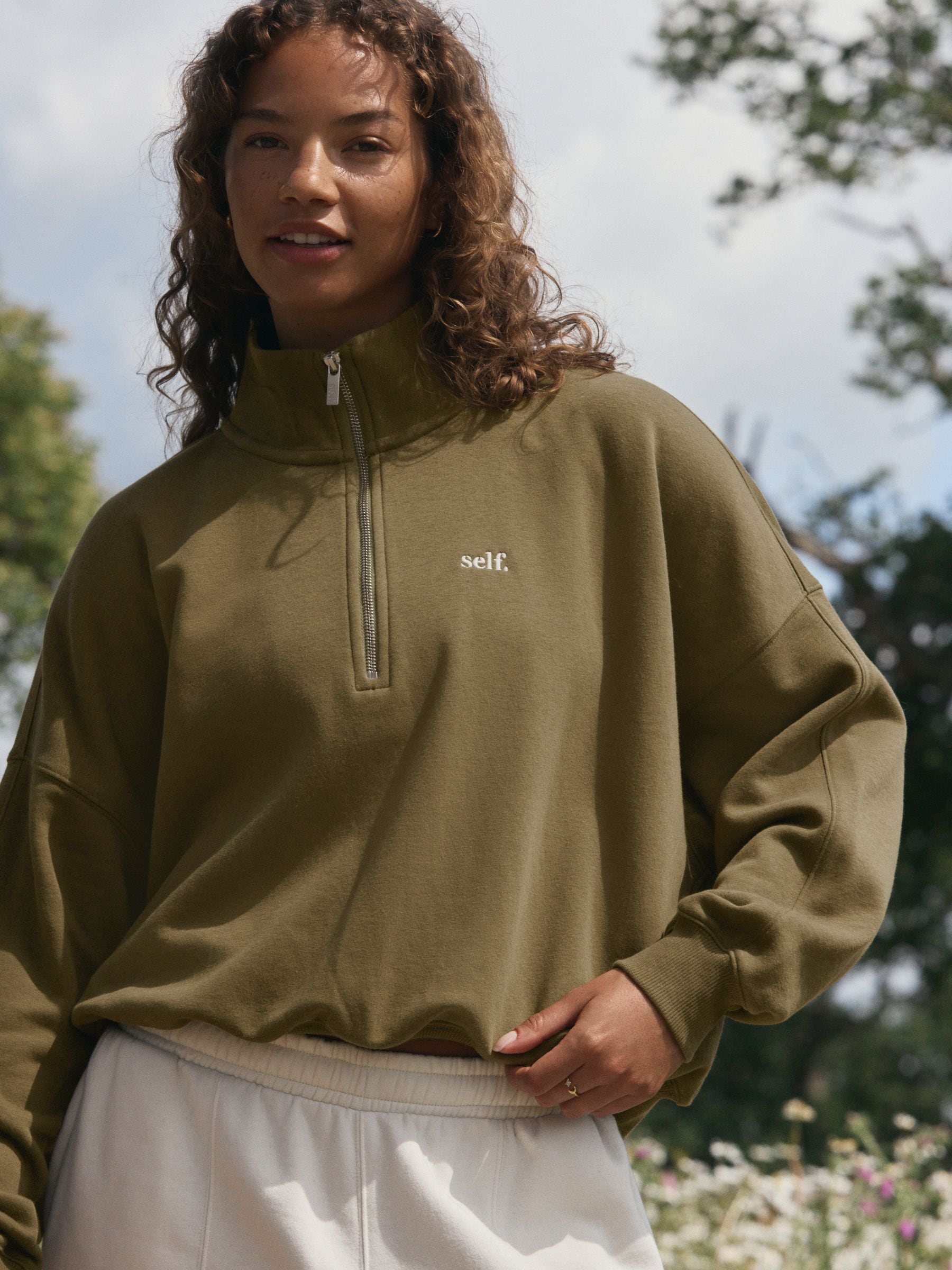 Olijfgroen - Sweatshirt met korte rits