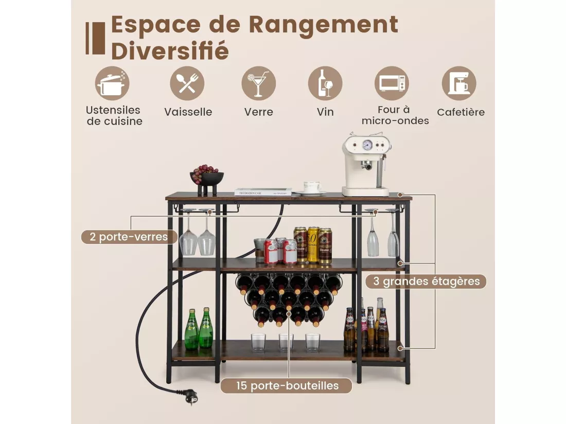 Étagère à vin 15 bouteilles, porte-verre, prises de courant, 2 ports usb (marron)