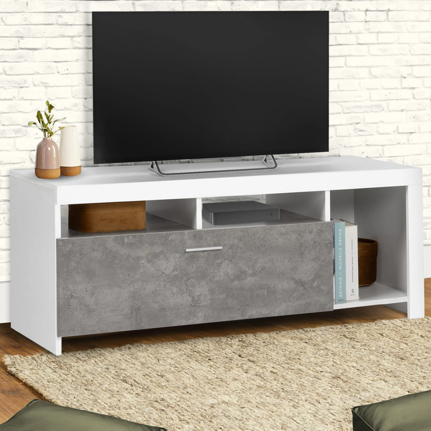 Meuble TV 110 cm MALO blanc et placard effet béton