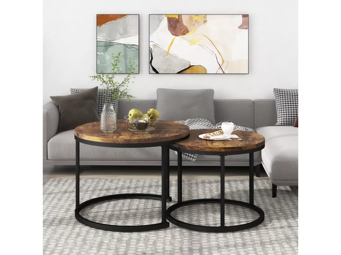 Ensemble de 2 tables basses gigognes rondes effet bois noyer style industriel VELES