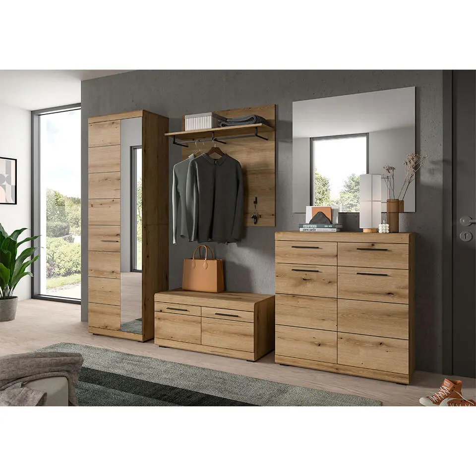 Hioshop Scout kapstok 3 haken 1 kledingstang 1 plank eik decor