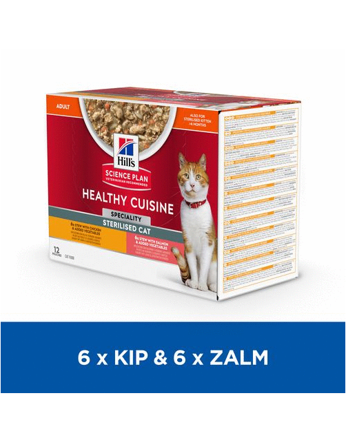Hill's Feline Maaltijdzakjes Adult Healthy Cuisine Sterilised - Kattenvoer - Kip Zalm 12x80 g