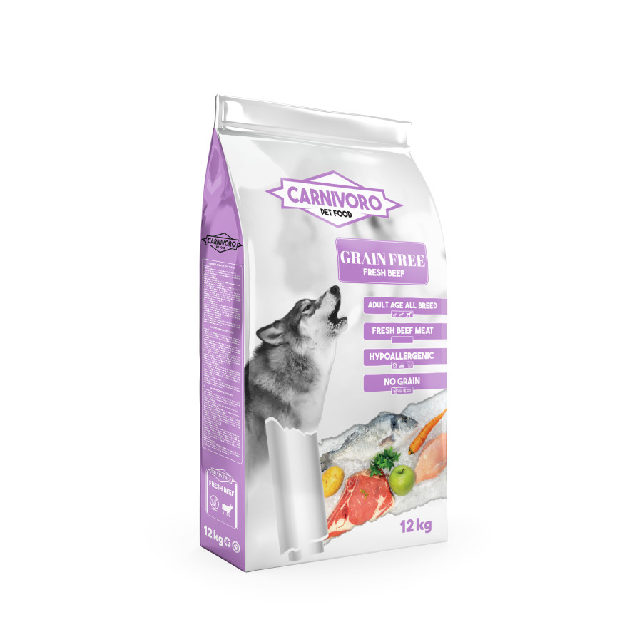 Ração CARNIVORO Grain Free Beef 12 Kg para cães de todas as raças e portes, sem cereais.