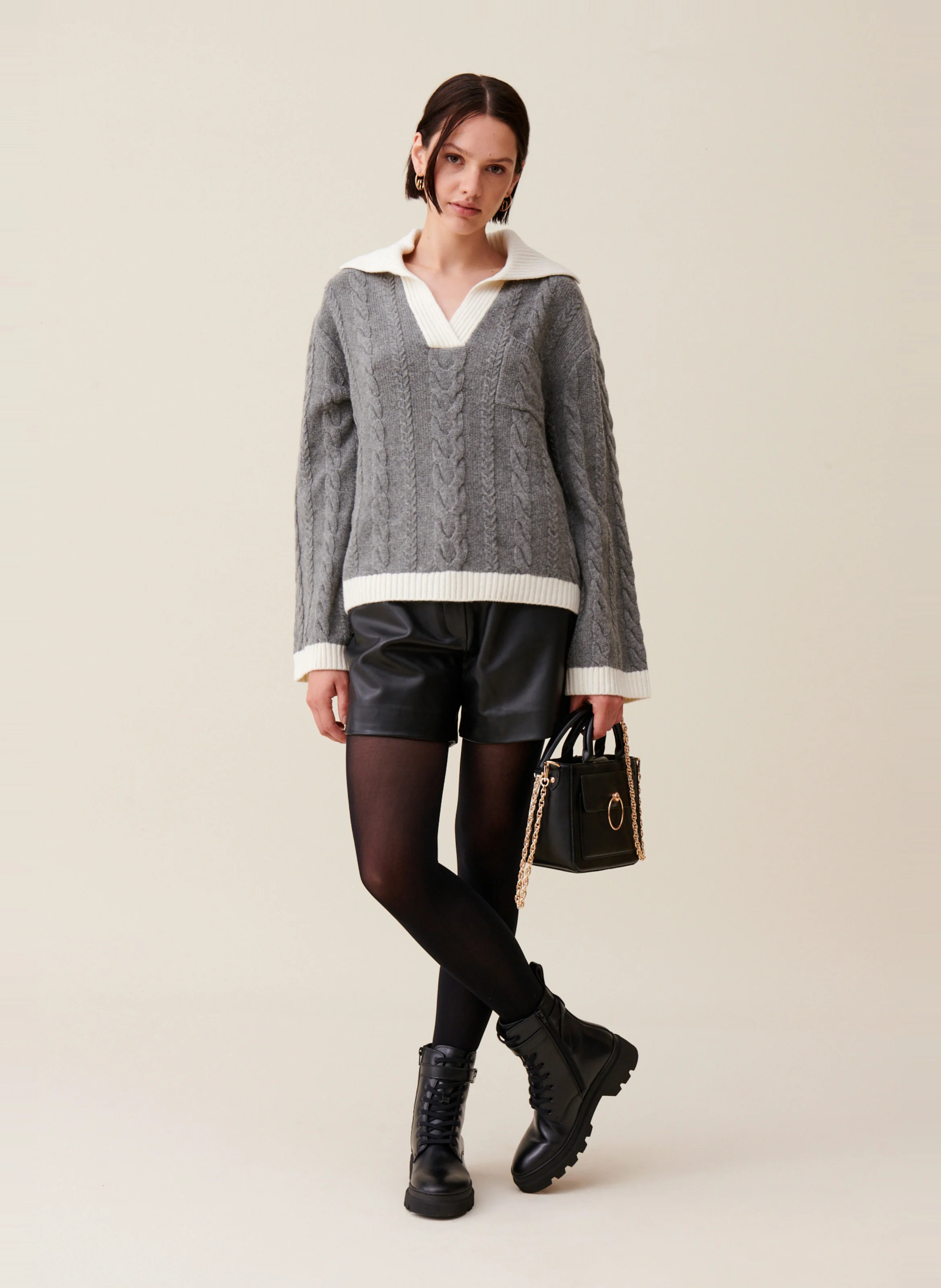 Pull torsadé col polo en laine mélangée | Gris
