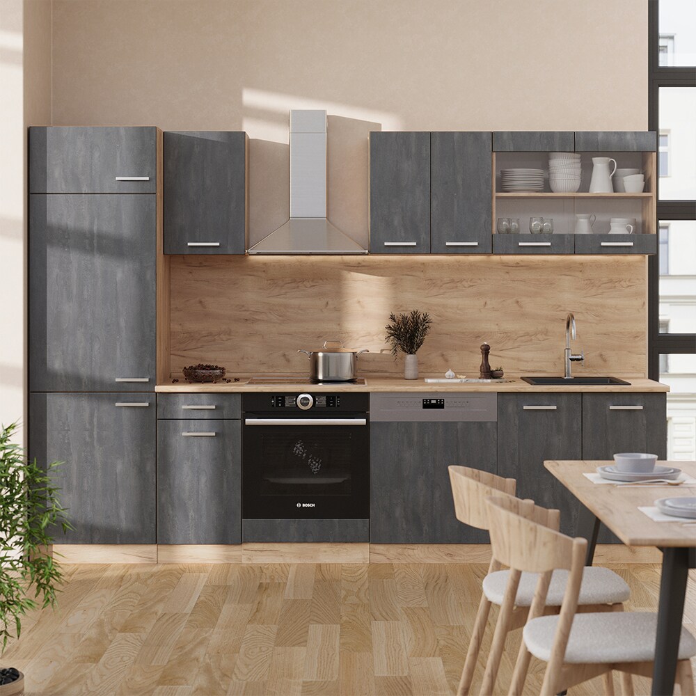 Vicco Küchenzeile R-Line 300 cm Schwarz Beton Eiche ohne Arbeitsplatte
