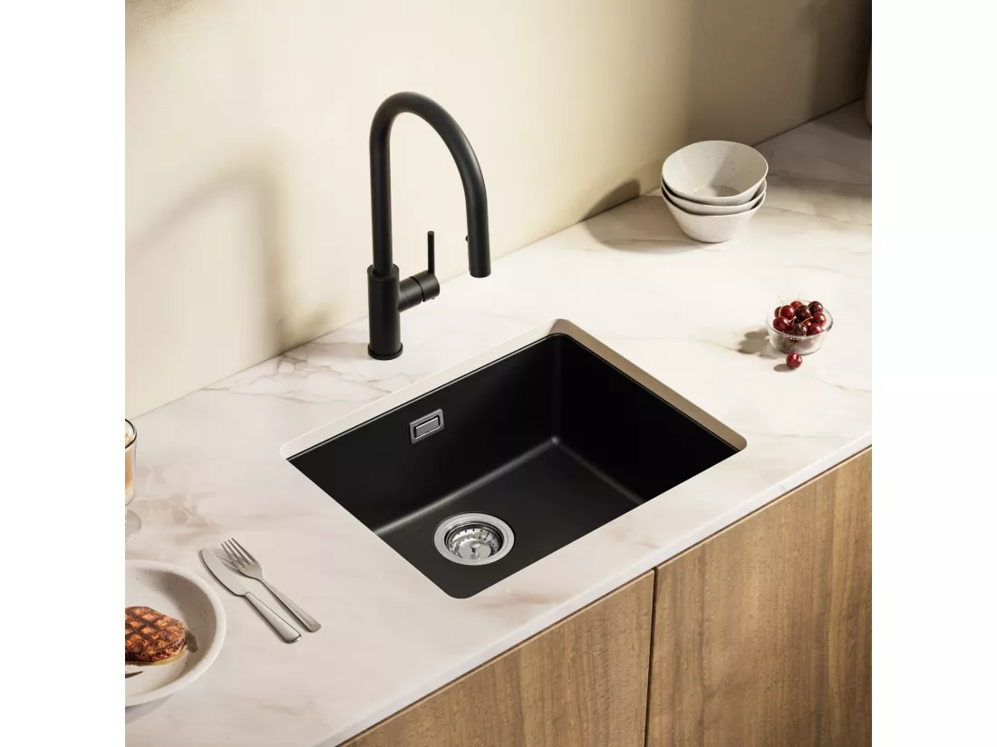 CECIPA MAX Evier 1 Bac en Quartz et Résine Noir Gris 55*44*20cm + Mitigeur avec Douchette Extractible 2 Modes de Sortie D'eau