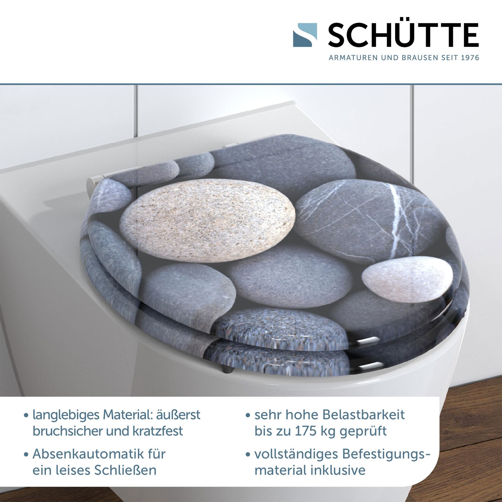 SCHÜTTE WC-Sitz Grey Stones Holzkern Absenkautomatik inkl. Befestigungsmaterial