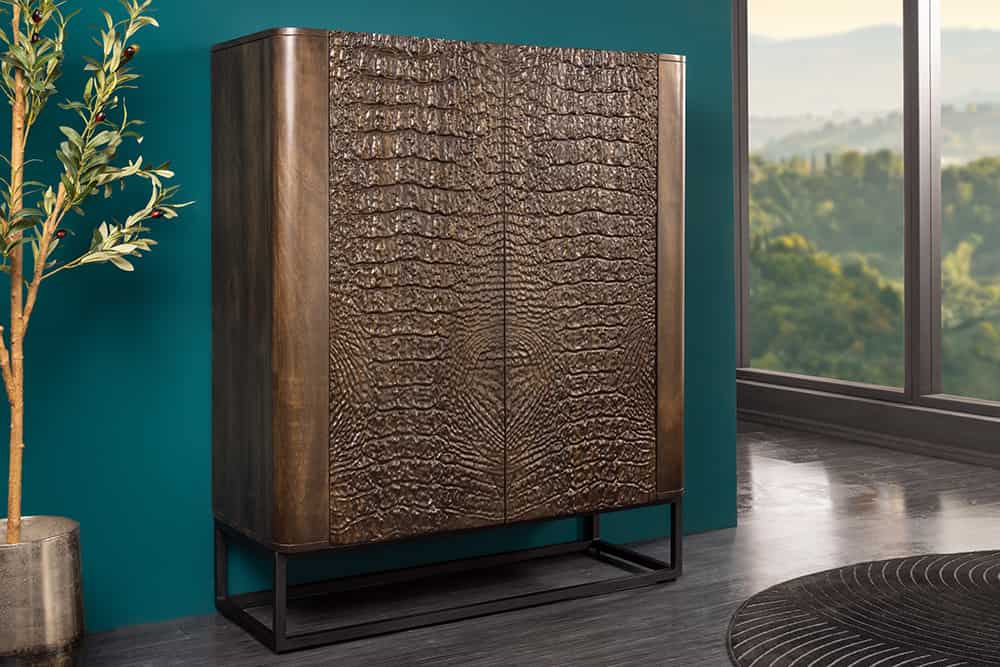 Handgefertigtes Highboard CROCO 120cm braun Mangoholz massiv 3D-Design