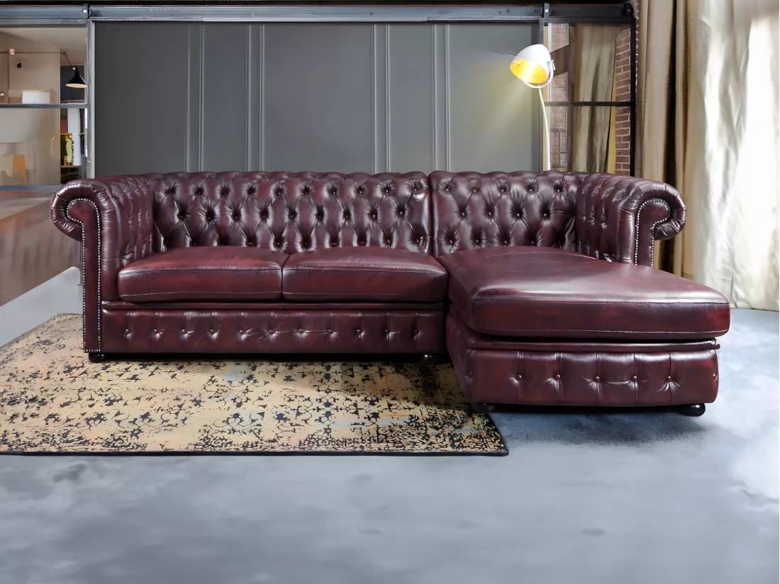 Canapé d'angle chesterfield BRENTON 100% cuir de buffle - Bordeaux- Angle droit