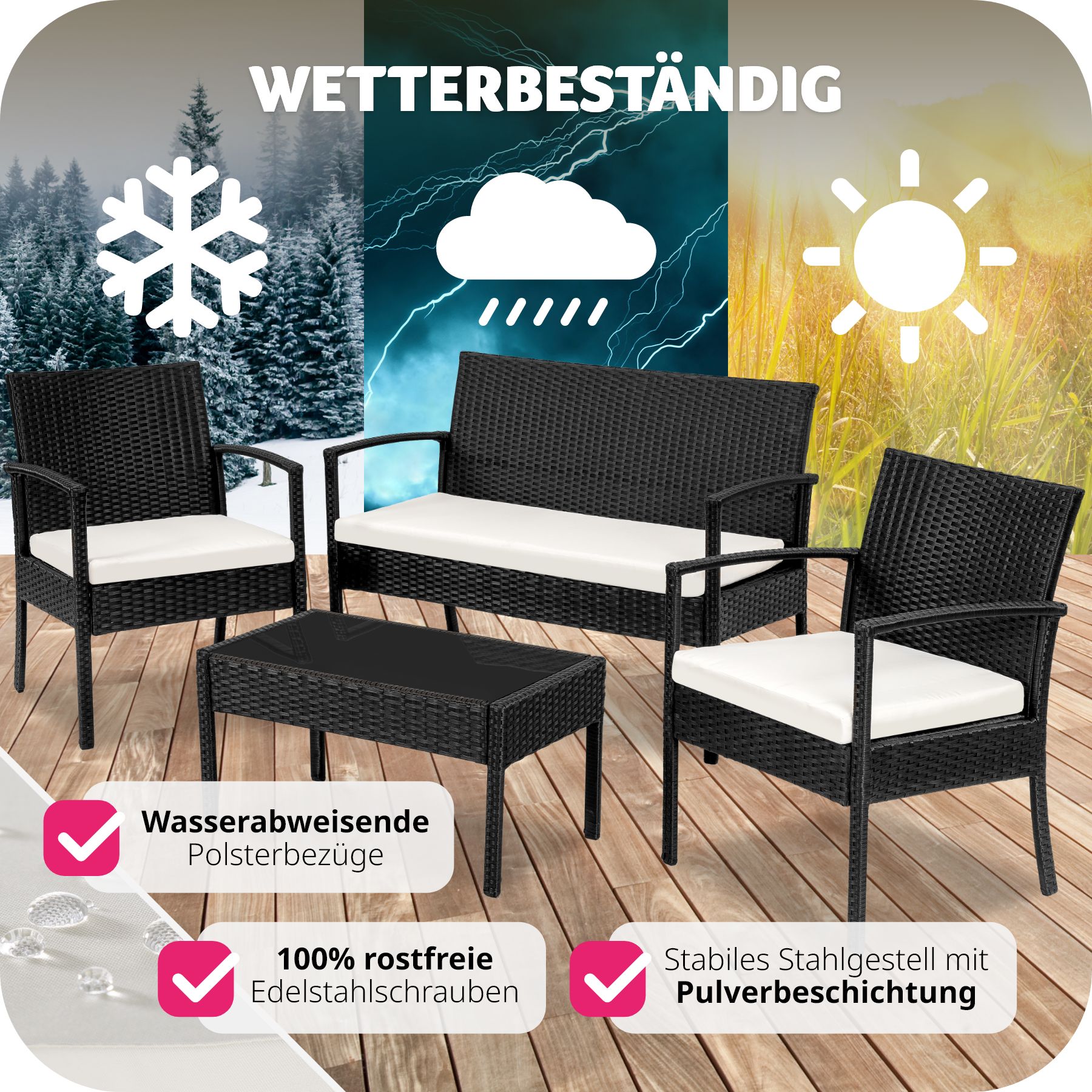 tectake® Rattan Sitzgruppe, für 4 Personen, UV-beständig, schlanke Gestelle