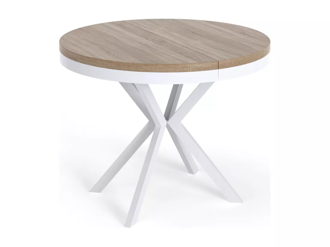 Table à Manger Extensible Ronde - Table Style Loft Avec Pieds En Métal Blancs - 90 à 170 Cm - Table Ronde Style Industriel Pour Le Salon - Compacte - 90 Cm - Chêne