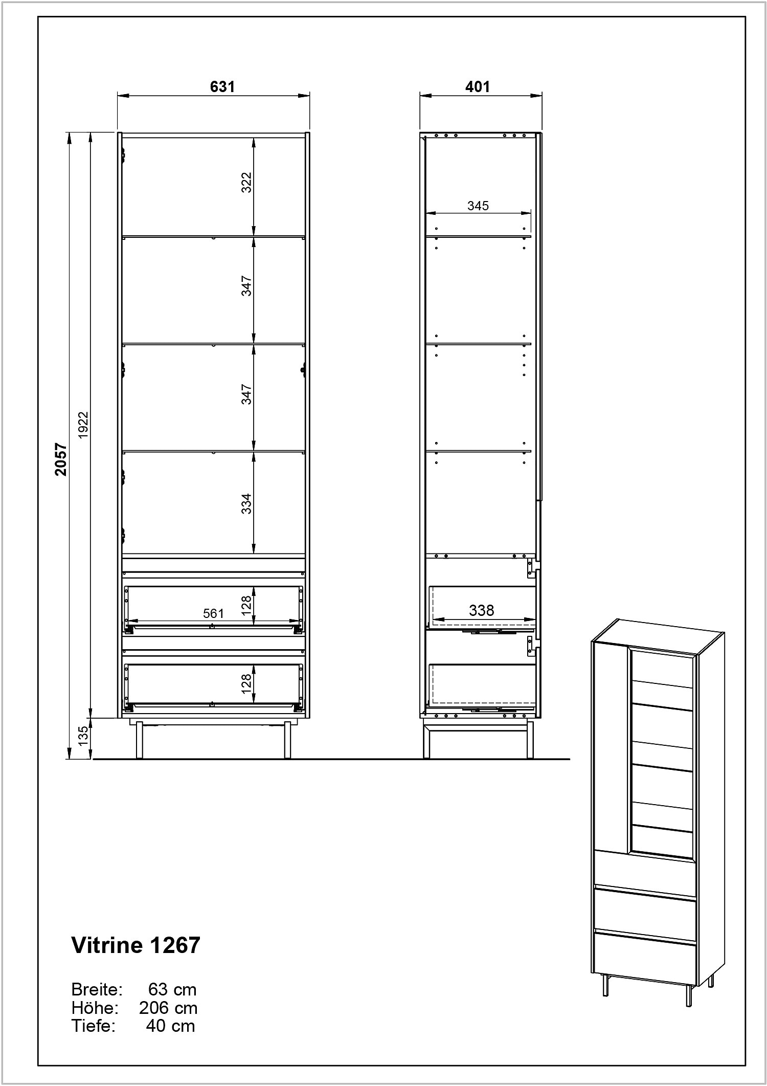 Vitrinenschrank EMMA 84 x 206 cm Castello-Eiche-Dekor beige/schwarz