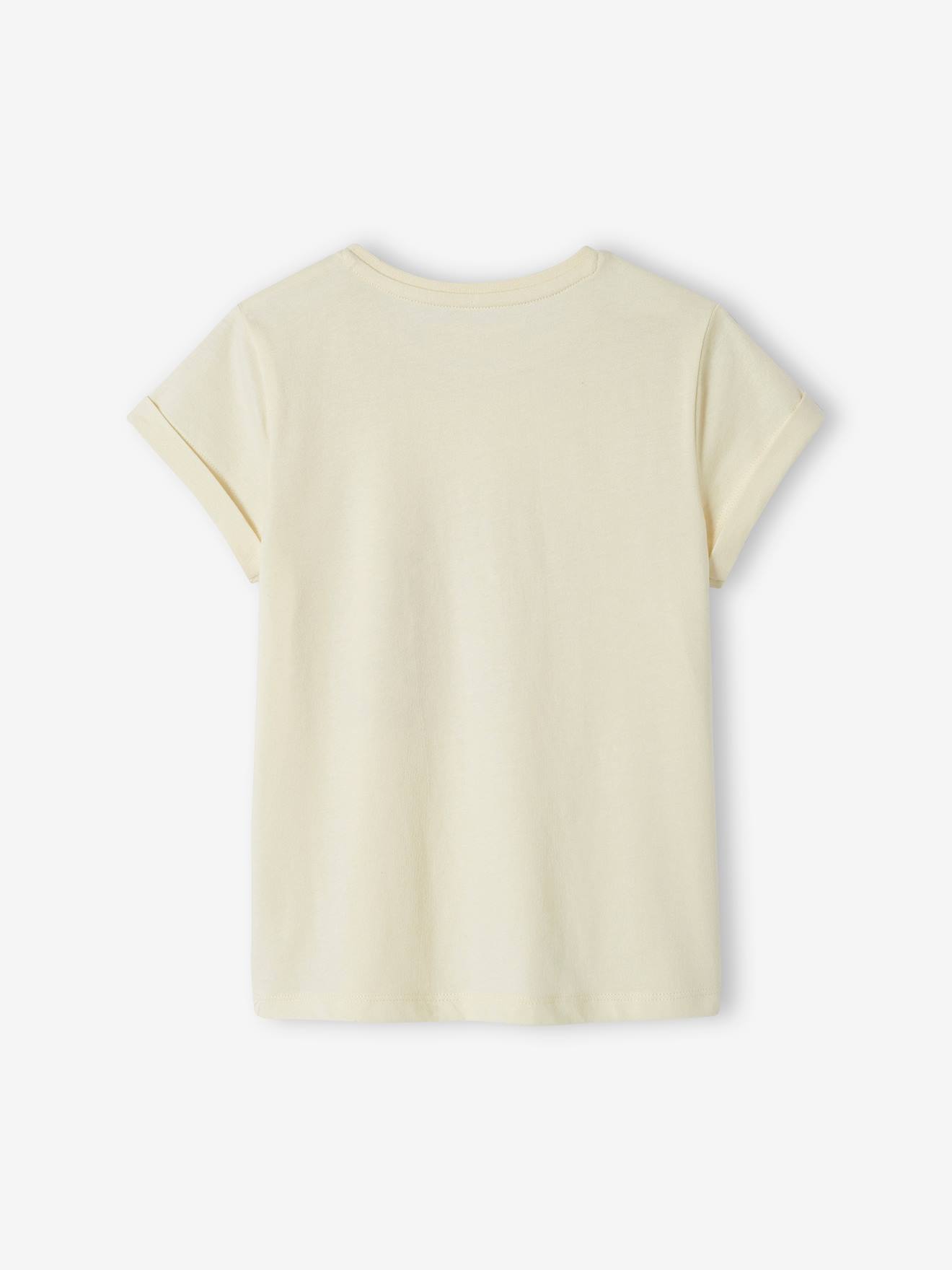 Camiseta infantil bege cru com estampa iridescente e ombros franzidos.