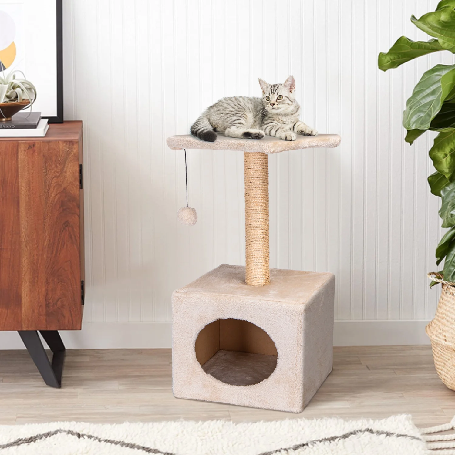 Árvore para Gatos Nobleza, Árvore para Escalar, Poste para Arranhar, Duas Bolas para Brincar, 60cm de Altura, Cor Bege