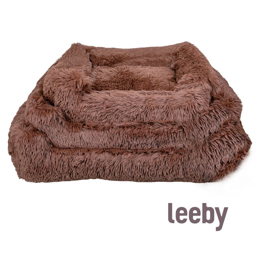 Cama Leeby macia antiestresse em pele marrom para cães