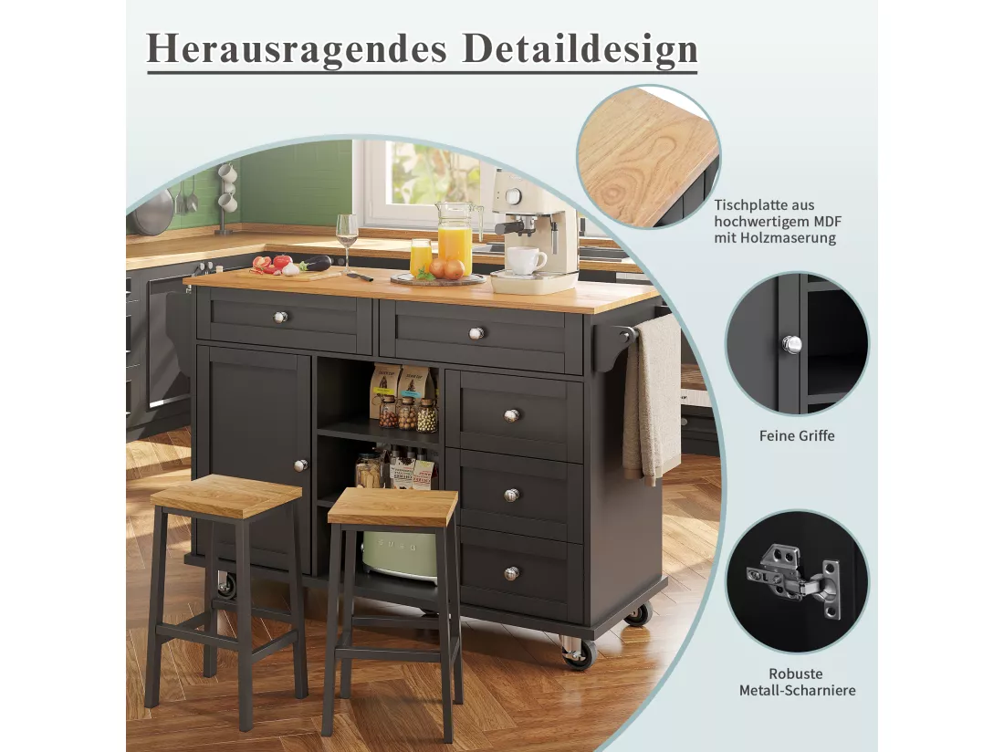Ilot central de cuisine fixe avec une porte, 5 tiroirs et 3 compartiments ouverts - 134 x 46 x 92 cm - Bois MDF - Noir
