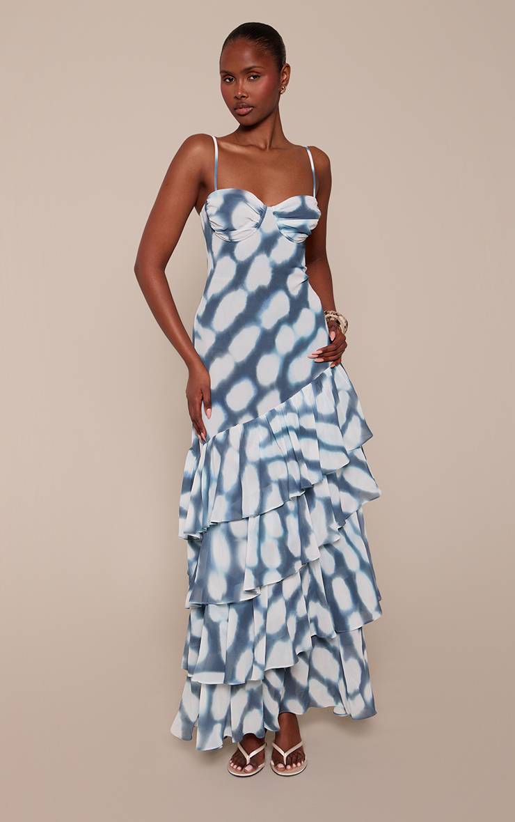 Bleu Robe Maxi À Imprimé Abstrait Avec Ourlet À Volants