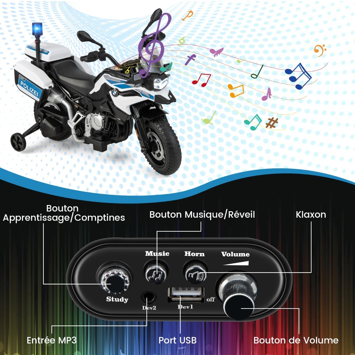 Moto Électrique BMW 12V/7AH pour Enfants 6km/h Modèle Policier avec Klaxon Musique Sirène Phares pour 3-8 Ans - Lidl-Manfred