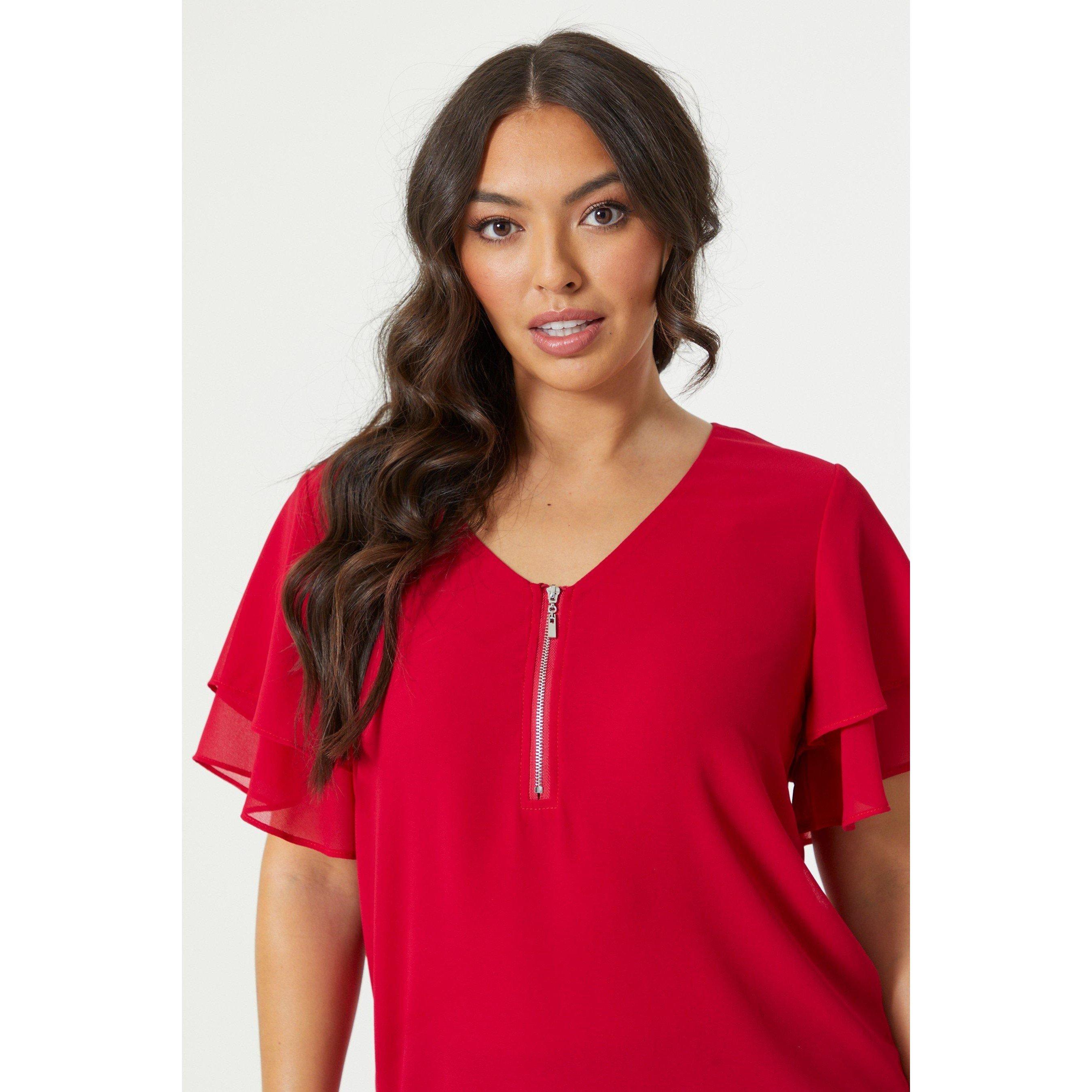 Be You Ladies Flutter Sleeve Zip Chiffon Top