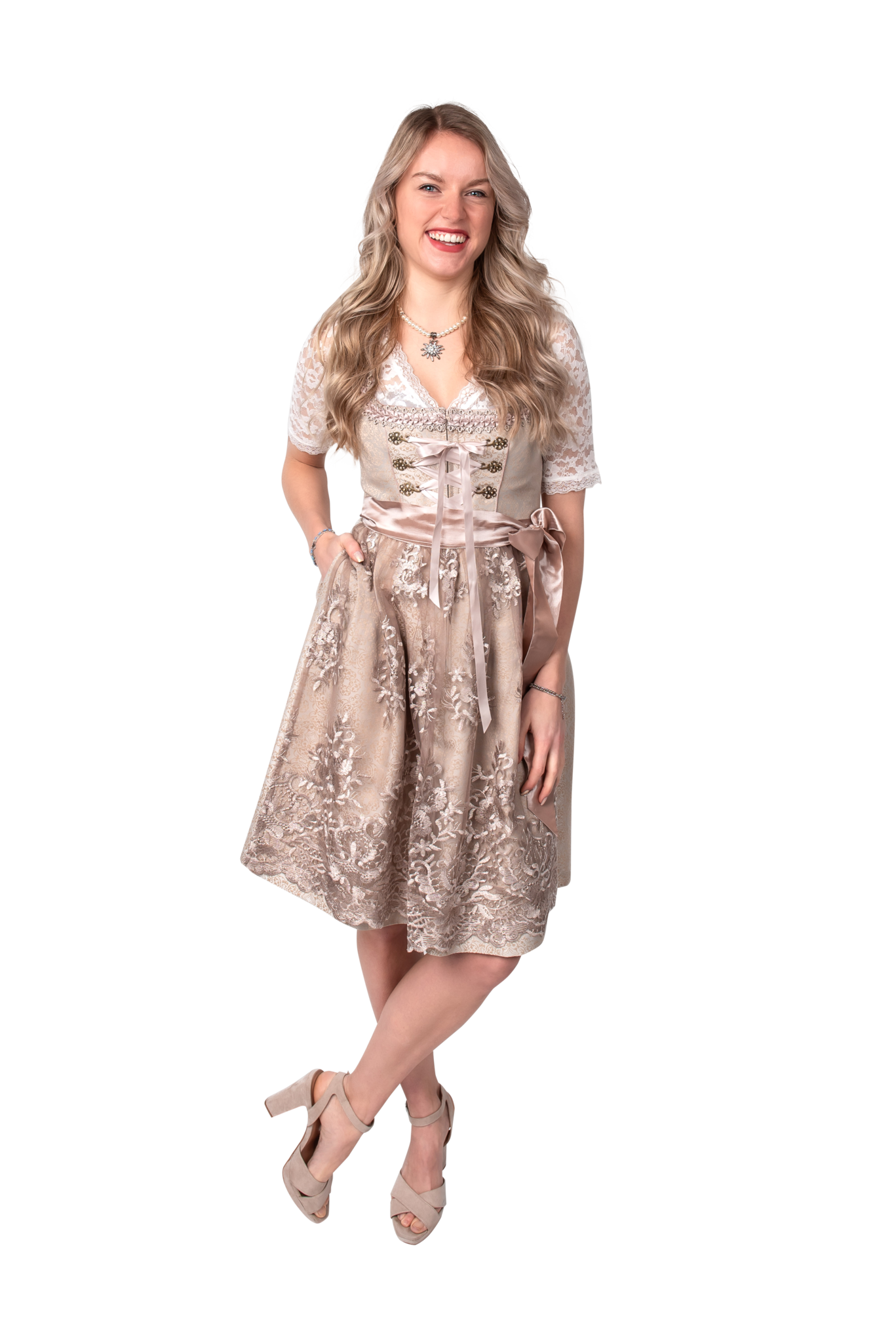 Roze Wit Creme Dirndl Jurk Oktoberfest Dames Jaquard