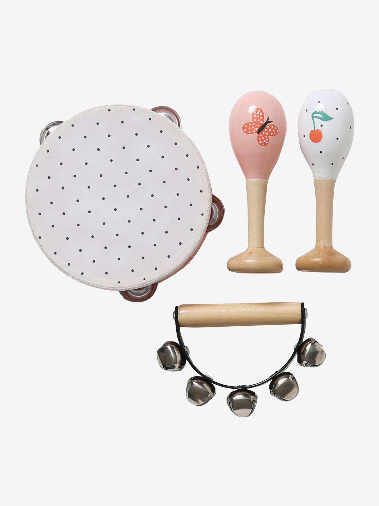 Kit multicolorido de maracas, pandeiro e sinos de madeira com certificação FSC®