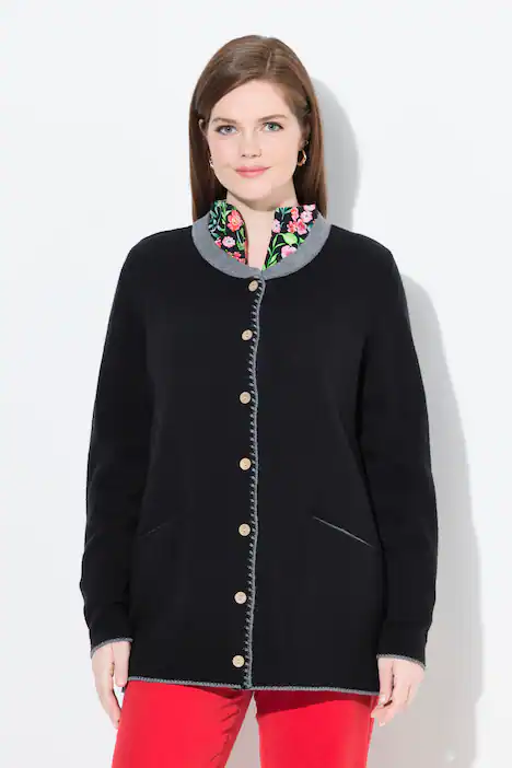 Long-Strickjacke, Hirsch-Stickerei, A-Linie, Stehkragen, schwarz