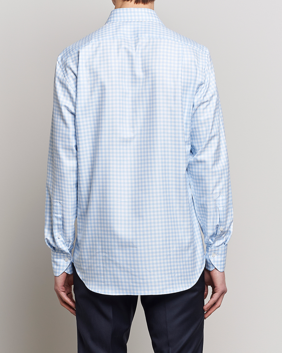 Stenströms Fitted Body Checked Cut Away Shirt Light Blue