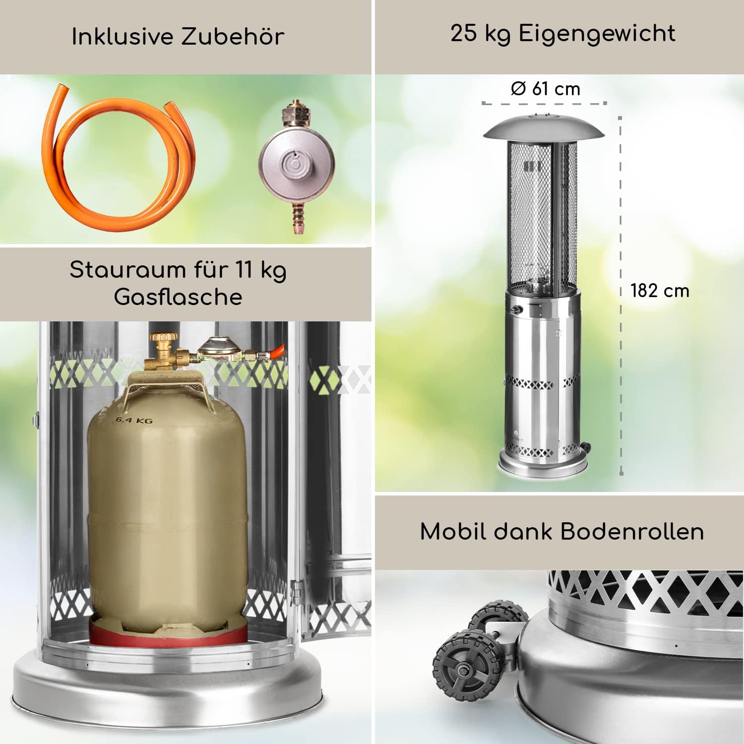 Blumfeldt Heizpilz Gas für Terrasse, Garten & Balkon, Terrassenheizer mit 360°Flammen-Blick, Outdoor-Gasheizstrahler, Terrassen-Heizer mit Elektrischer Zündung, Gas-Heizstrahler mit Bodenrollen