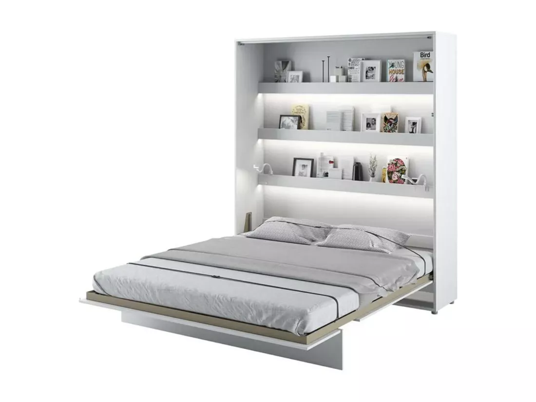 Lit escamotable vertical blanc mat avec 2 armoires de rangement Noby-Avec Led-140x200