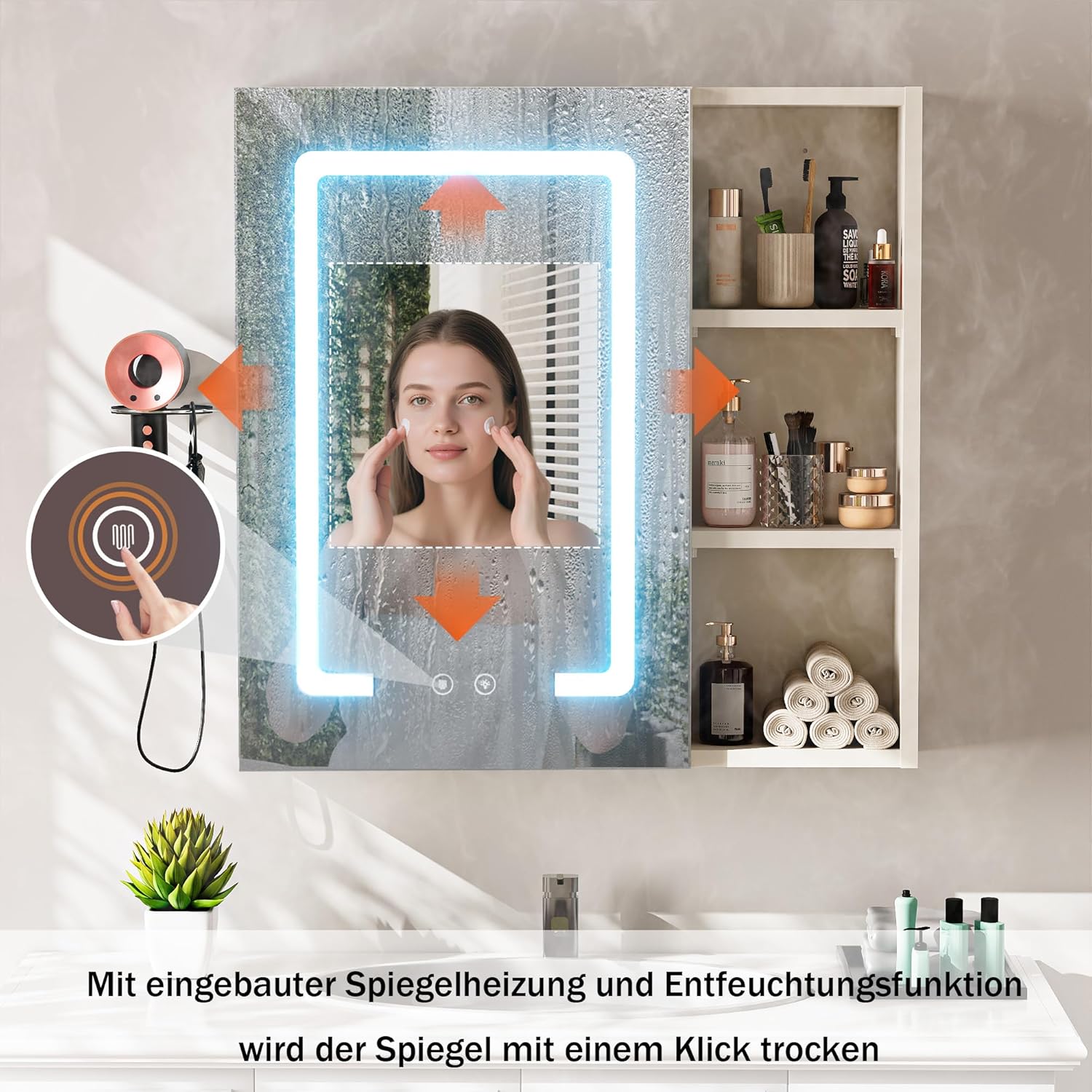 Spiegelschrank Bad mit Beleuchtung und Entnebelungs Funktion Hängend Bad Spiegelschrank mit Haartrocknerhalter und 3 Einstellbar Einlegeböden für Badezimmer,60x15x60 cm Off-White