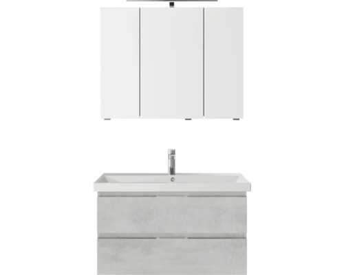 Pelipal Serie 4035 badkamermeubelset, BxHxD 90 x 200 x 43,5 cm, grijze fronten. 3-delige badkamermeubelset bestaande uit een witte keramische wastafel, badmeubel en spiegelkast met LED-verlichting.
