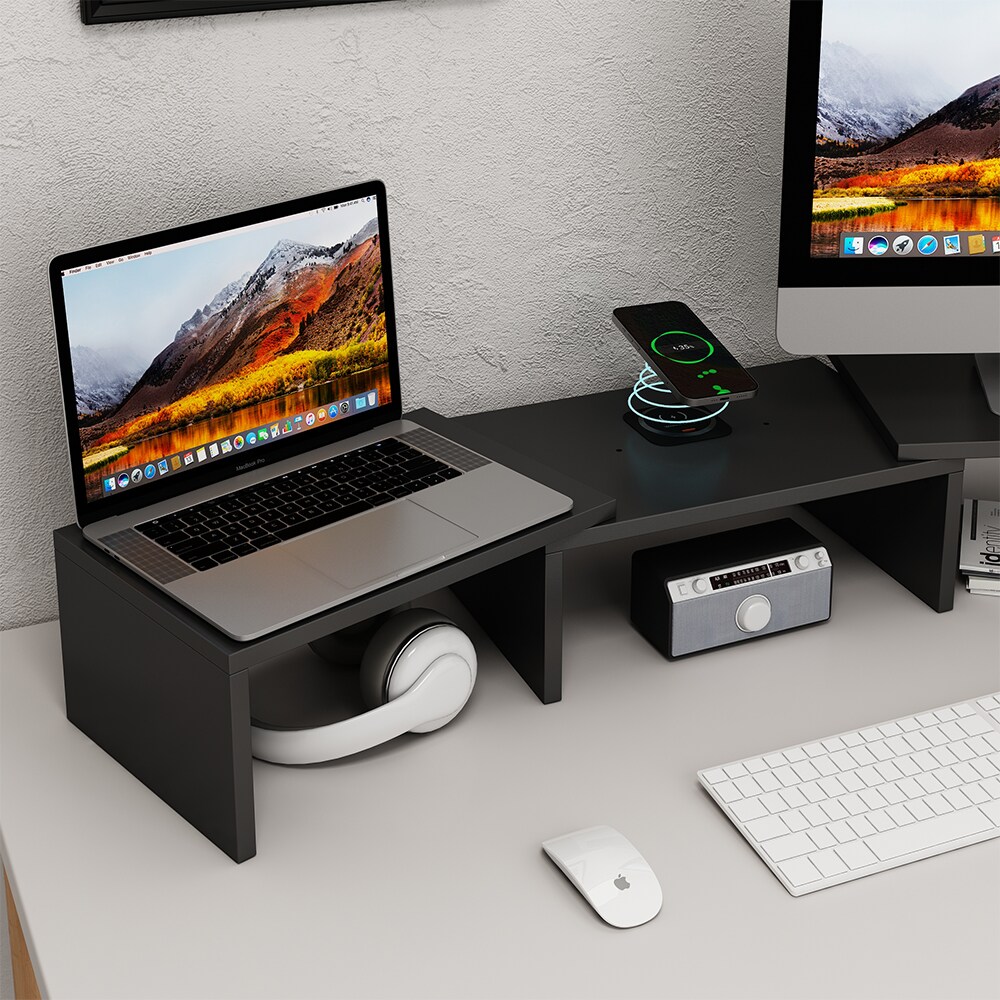 Vicco Monitorständer Halva Schwarz 82 x 16 cm mit QI-Ladestation und USB
