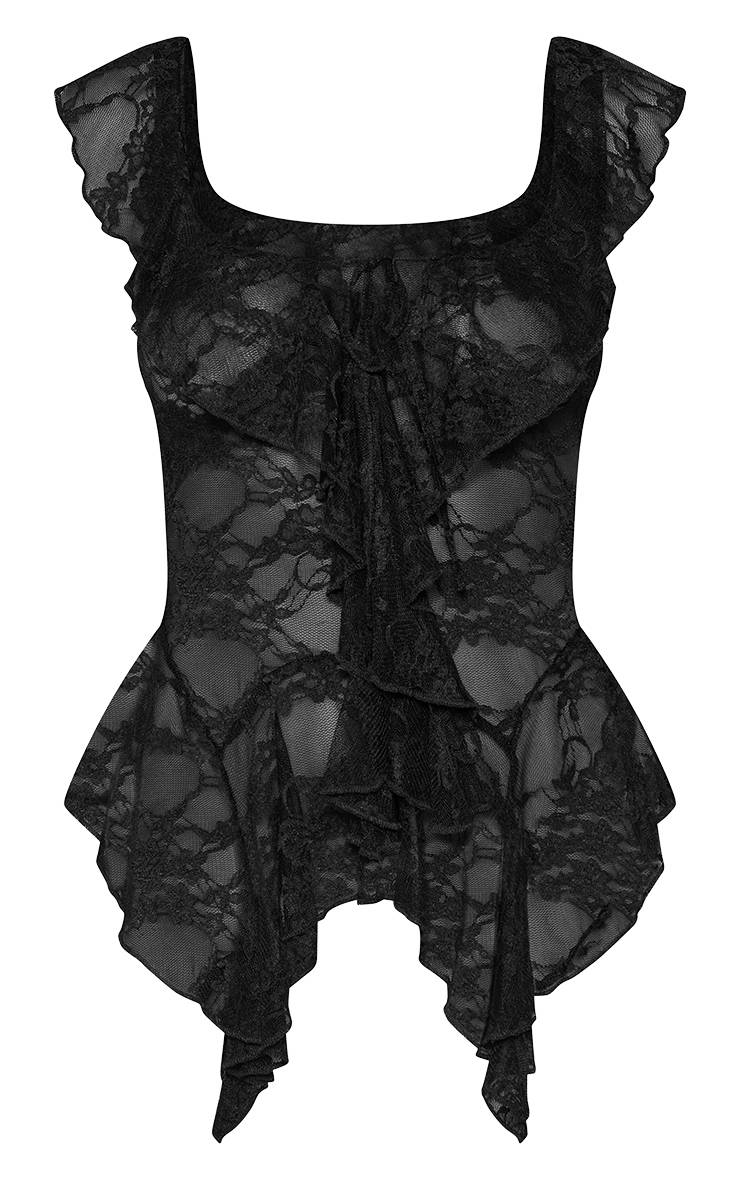 Noir Haut Long En Dentelle Transparente À Volants Drapés