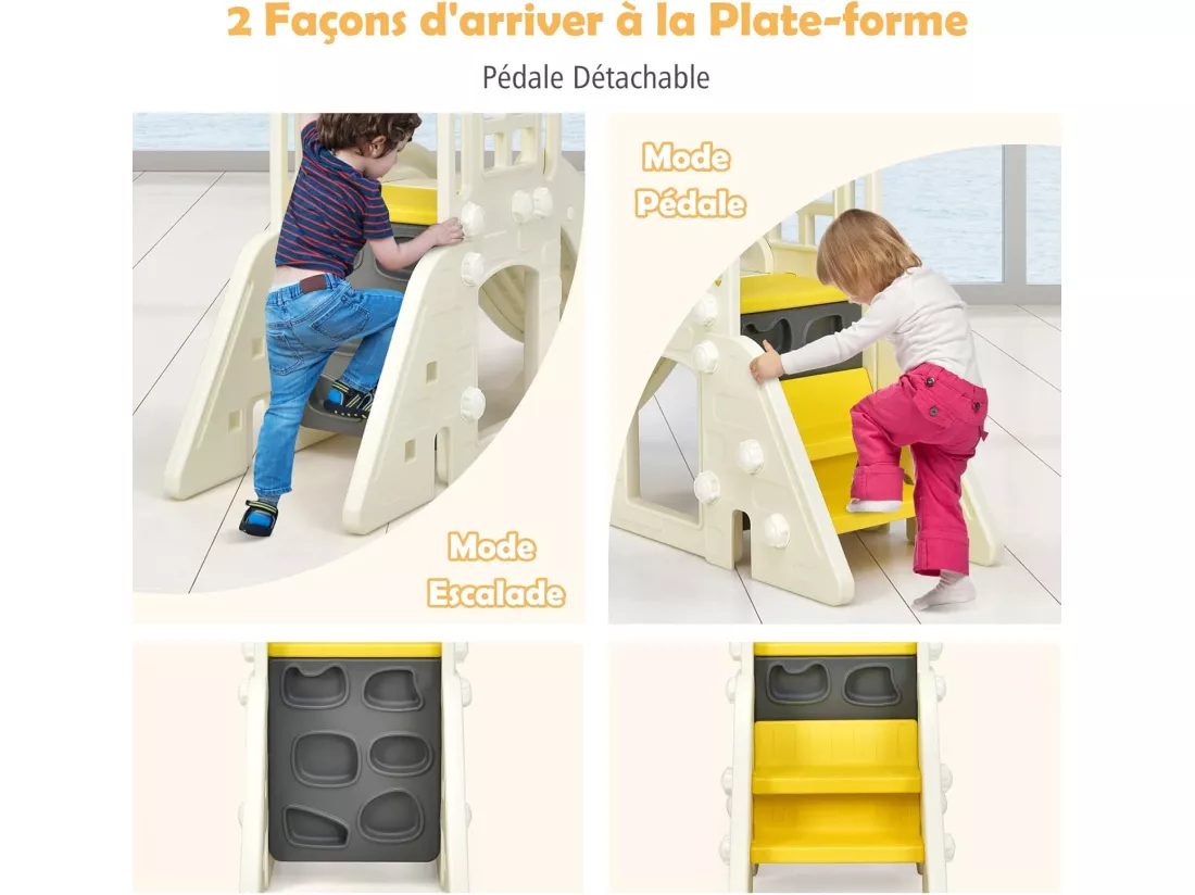 Toboggan 6 en 1 pour Enfant - Glisse de 140 CM - avec Panier de Basket, Escalade, Lancer d'Anneaux et Télescope,Toboggan Intérieure,Aire de Jeux Extérieure 3-8 Ans, Jaune