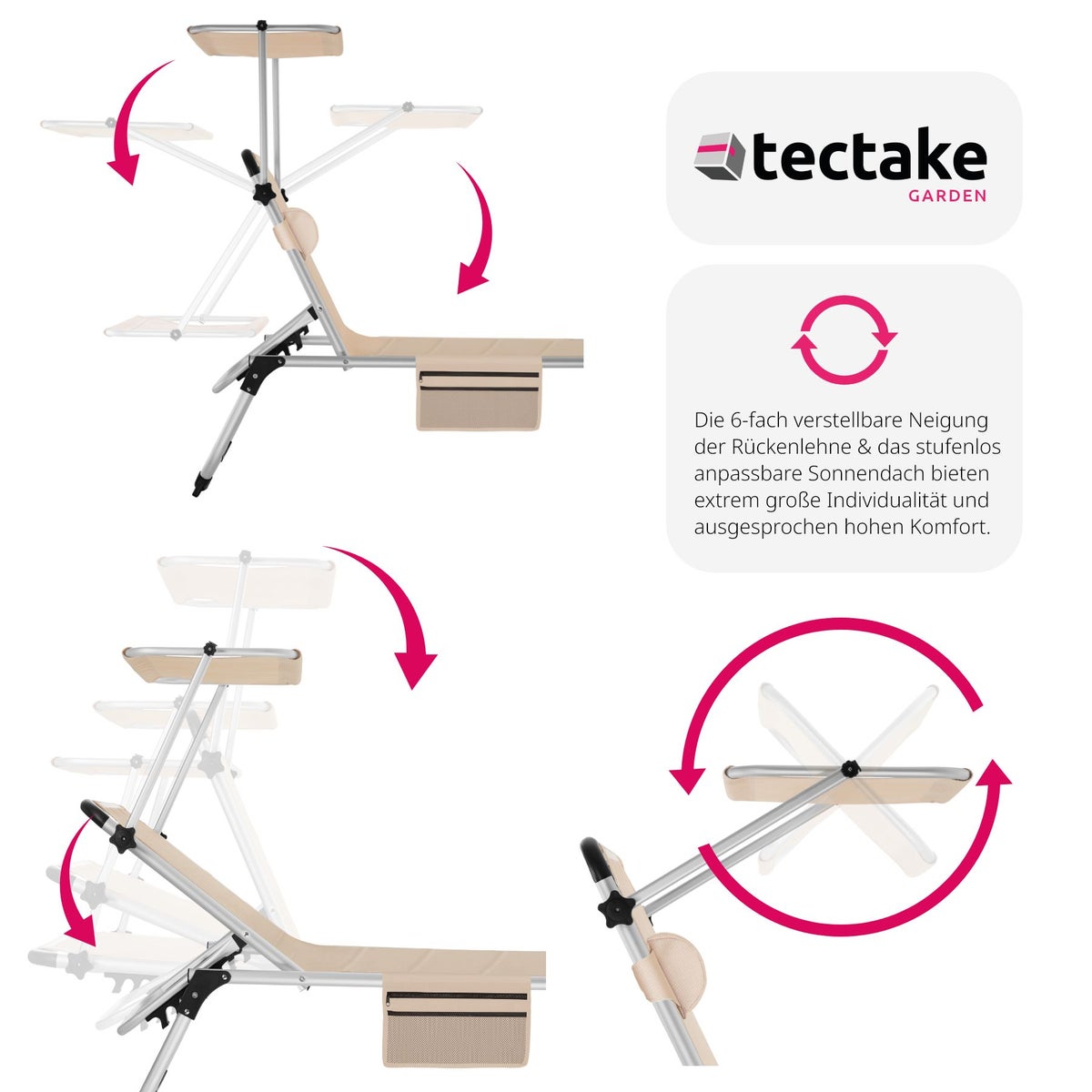 tectake Lorella gestoffeerde zonnebank, opvouwbaar 220 x 60,5 x 34 cm, met zijvak