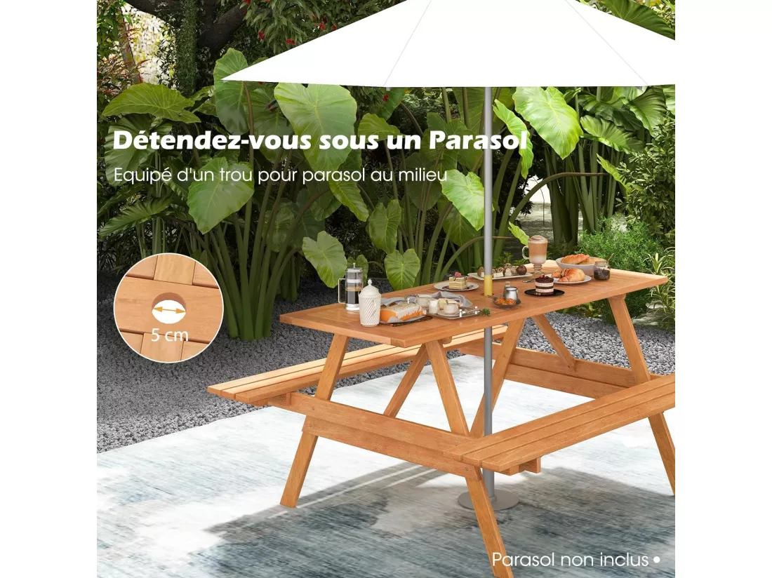 Ensemble Table de Pique-Nique avec 2 Bancs Intégrés, Ensemble de Jardin en Bois Dur pour 6 Personnes Table Charge 70KG, pour Jardin Piscine, 150 x 139 x 75 cm, Naturel