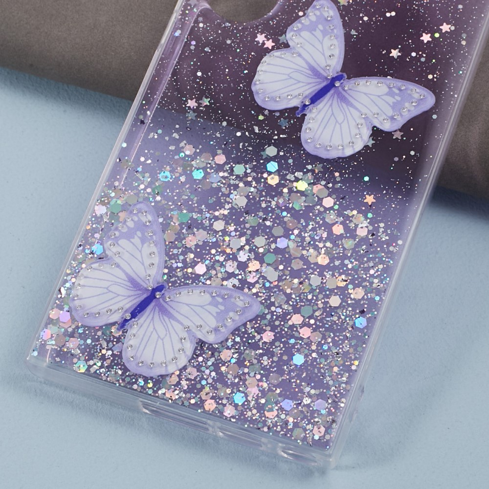 Samsung Galaxy S24 Ultra Hybrid Hardcase Schutzhülle im Glitzer Design Schmetterling - Lila / Transparent