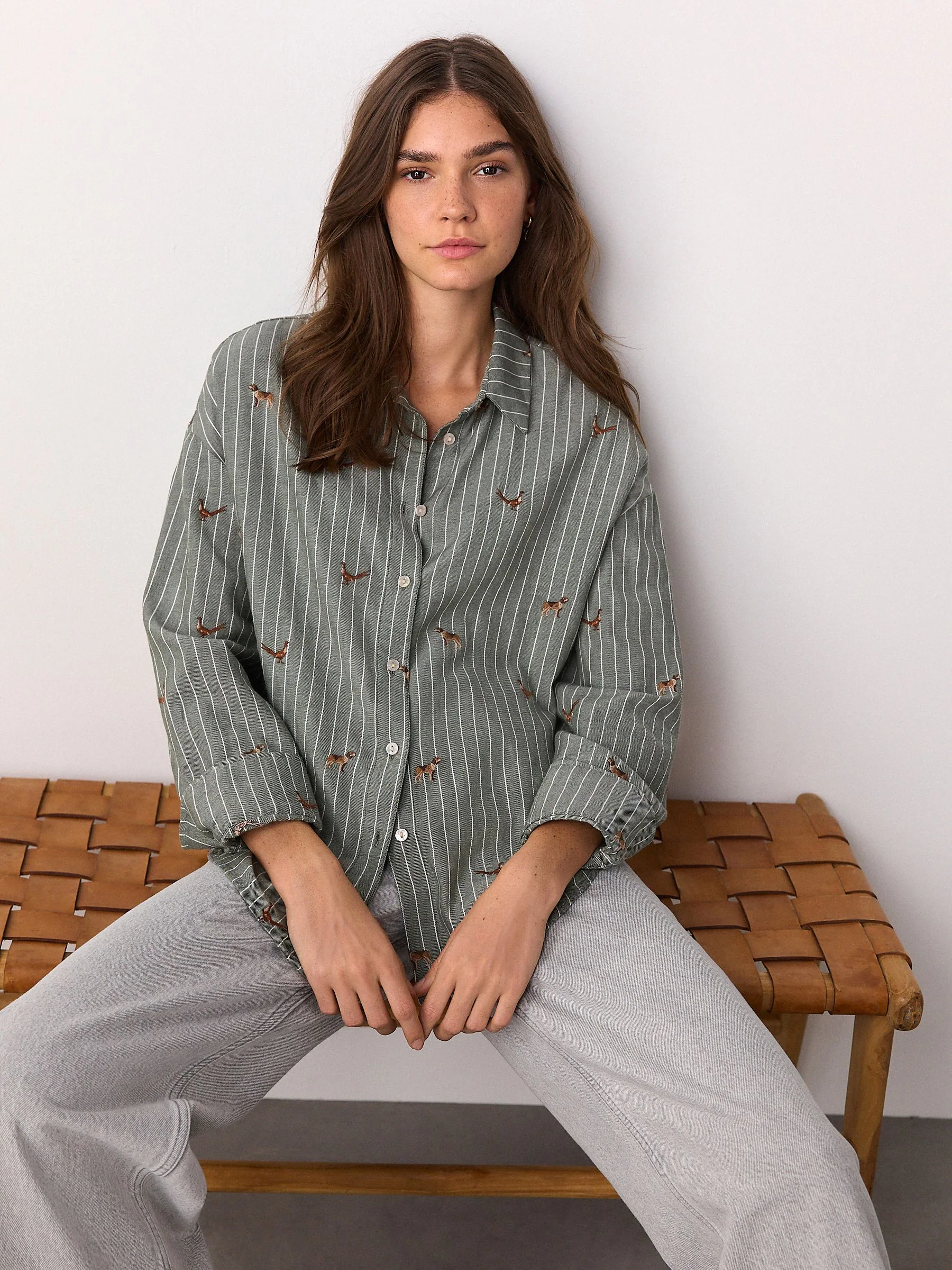 Groen/wit gestreept - Conversational Embroidered Long Sleeve Shirt