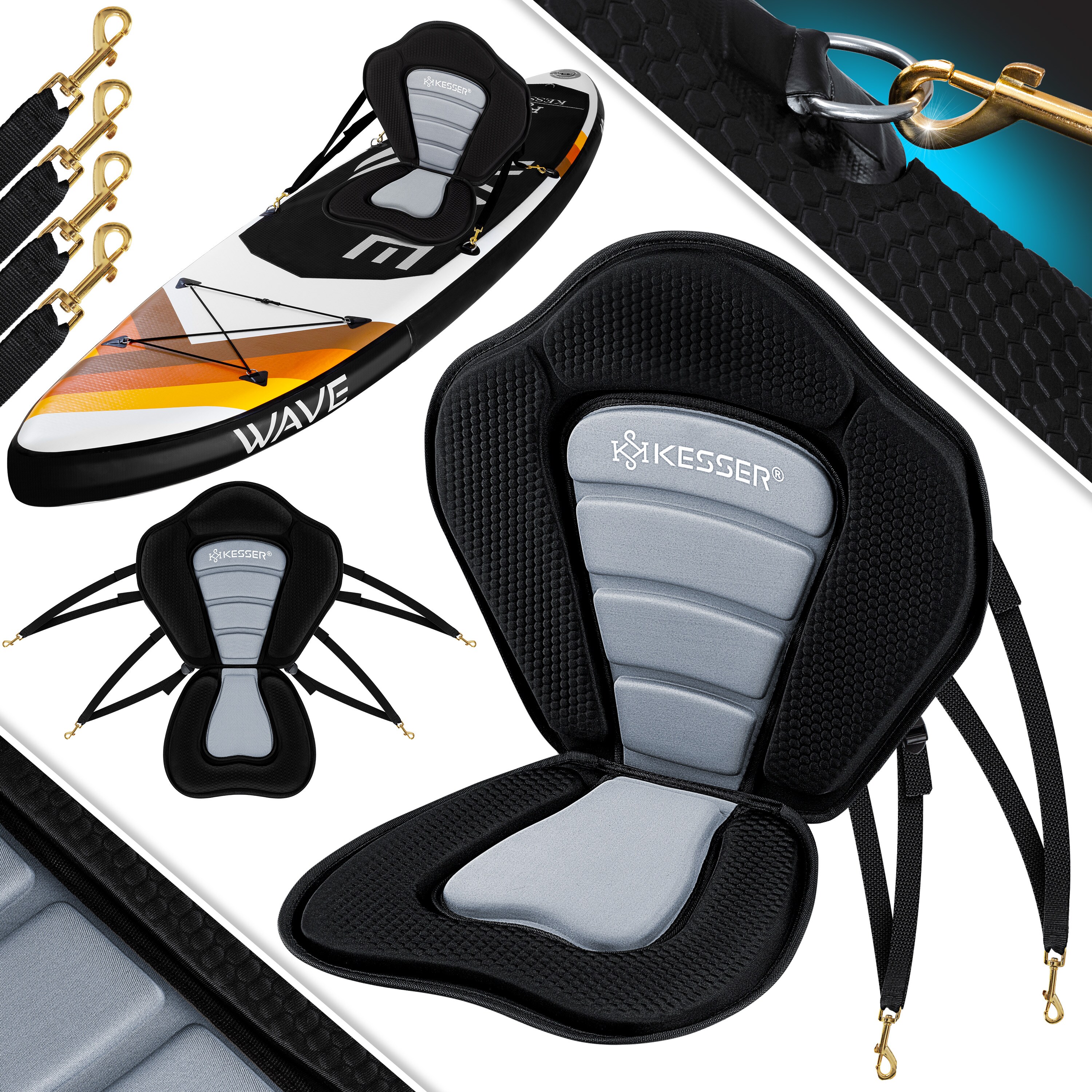 KESSER® Kajak-Sitz für SUP Board Stand Up Paddle Surfboard Sitz SUP Paddling Paddelboards Gepolsterte Sitz 32x38cm, Rückenlehne 51x45cm schnell und einfach montiert