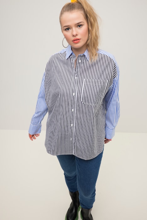 Hemdbluse, oversized, Patch Look, Hemdkragen, Langarm, Streifen