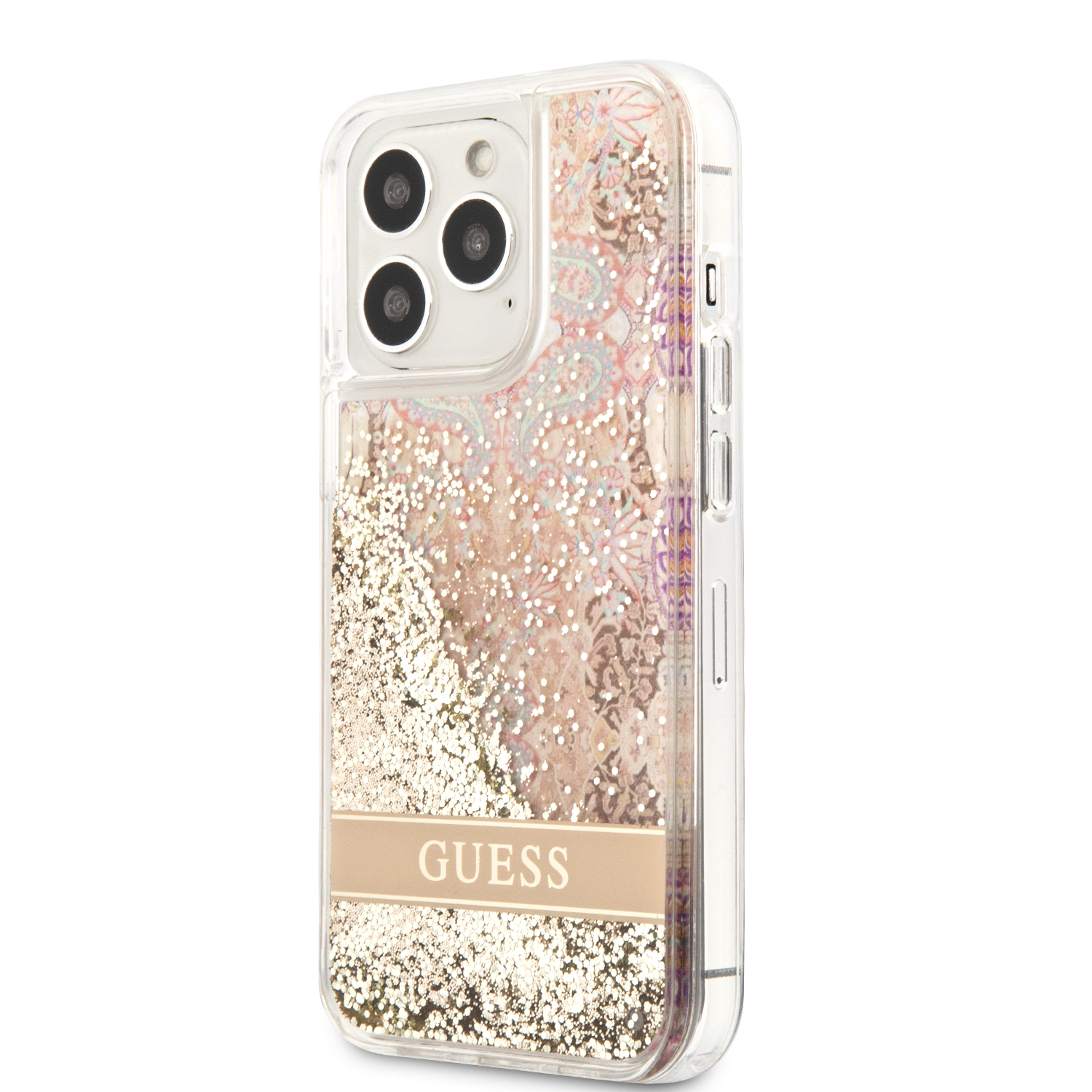 iPhone 13 Pro Hardcase Hülle Liquid Glitter Paisley (GUHCP13LLFLSD) - Gold / Transparent